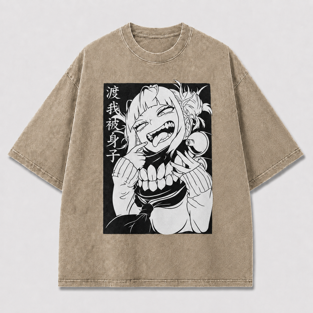 Oversized Manga Grin Graphic Tee – Monochrome Print Top