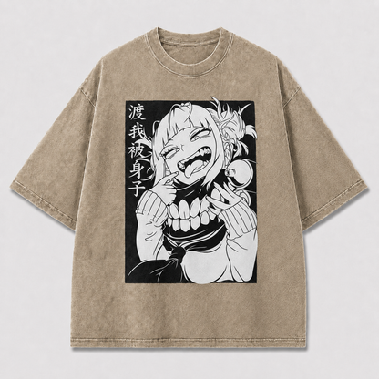 Oversized Manga Grin Graphic Tee – Monochrome Print Top