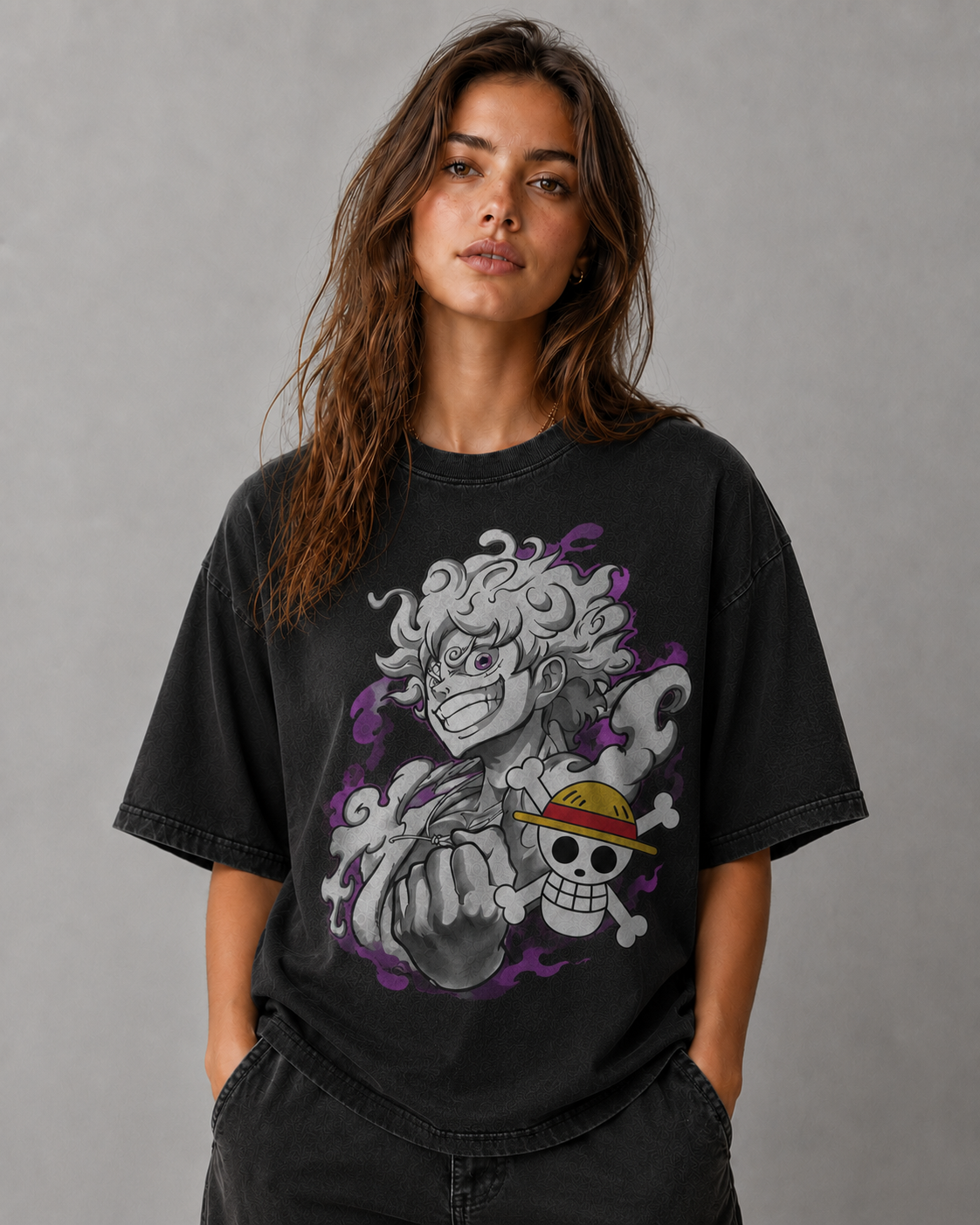 Oversized Streetwear Graphic Tee – Purple Mist Grayscale Portrait Print