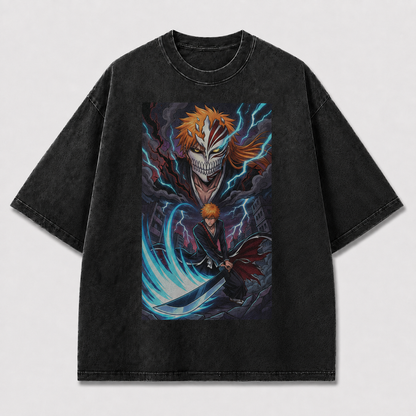 Oversized Streetwear Graphic Tee – Half Mask Cyan Blade Print