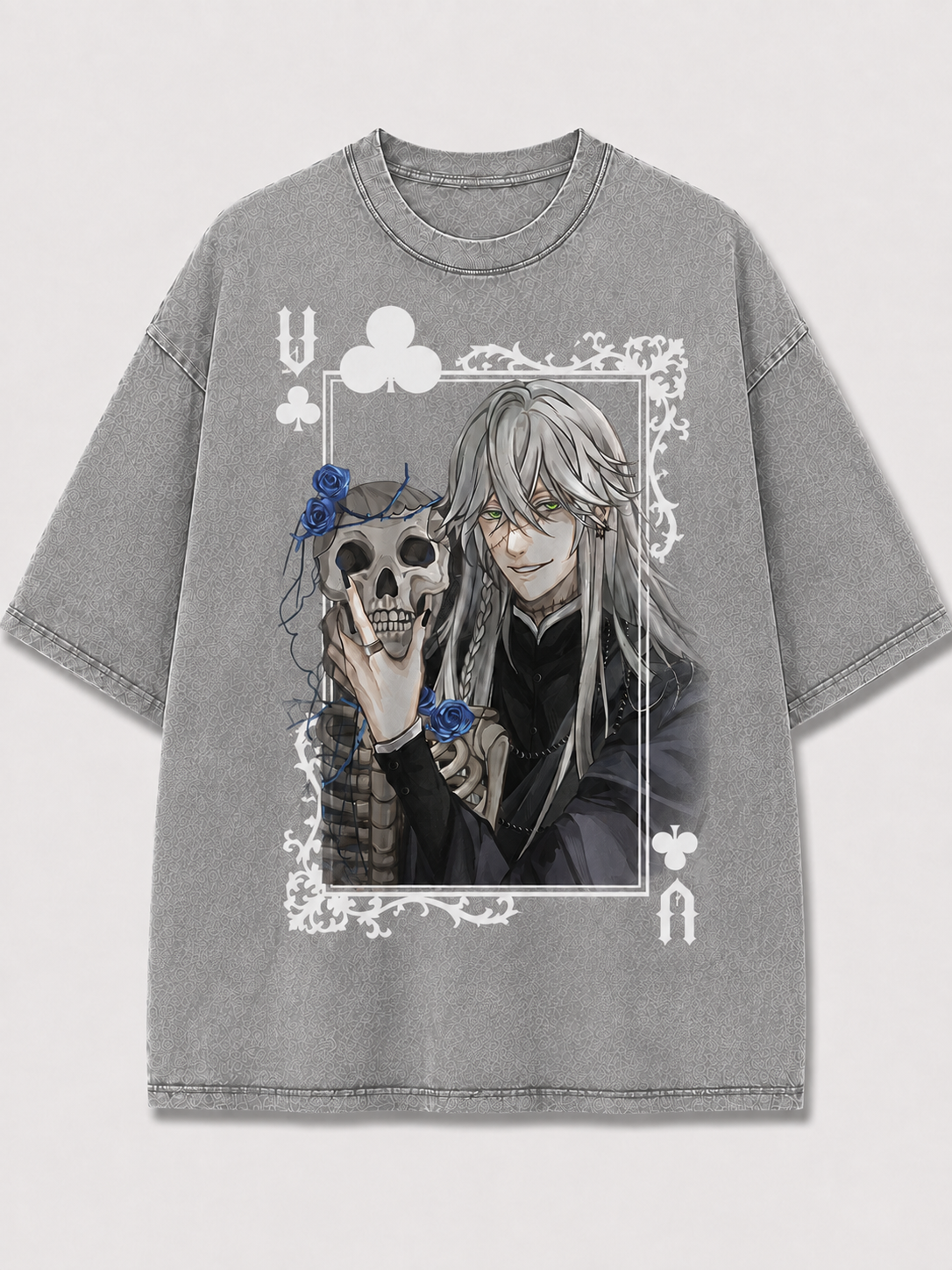 Oversized Blue Rose Skull Card Graphic Tee – Ornate Print Top
