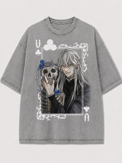 Oversized Blue Rose Skull Card Graphic Tee – Ornate Print Top