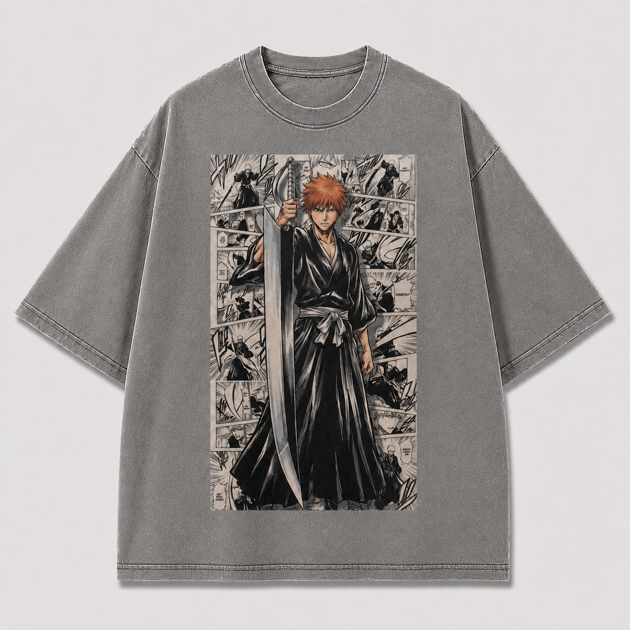 Oversized Streetwear Graphic Tee – Manga Panel Standing Sword Print