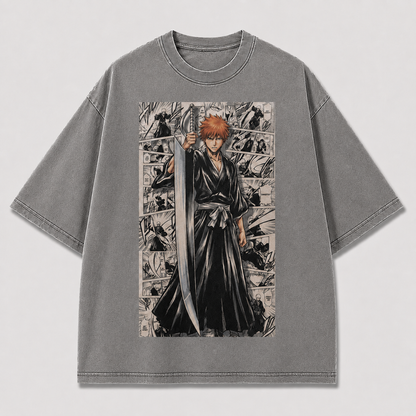 Oversized Streetwear Graphic Tee – Manga Panel Standing Sword Print