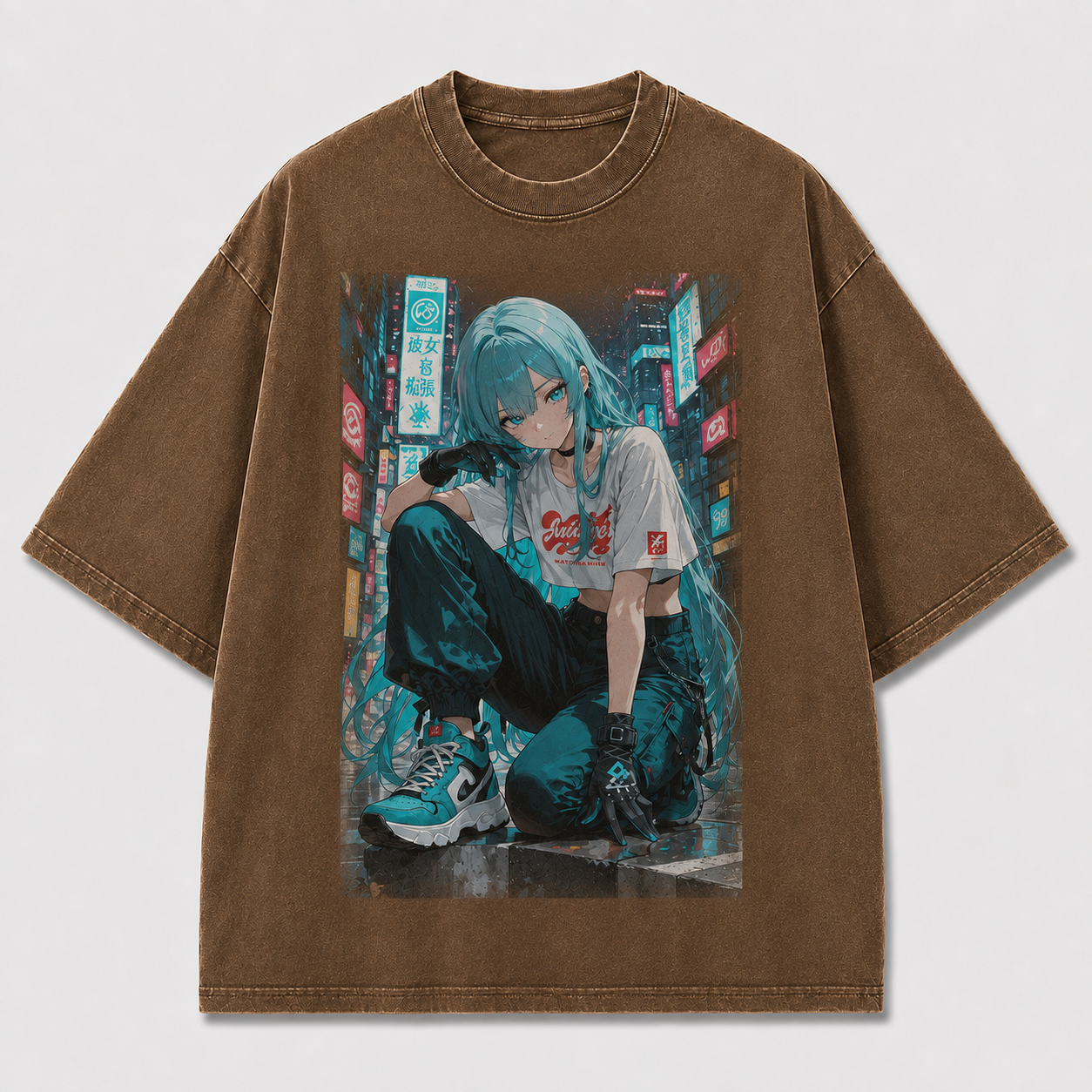 Oversized Graphic Print T-Shirt – Neon City Waifu Streetwear Tee