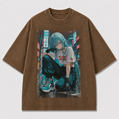 Oversized Graphic Print T-Shirt – Neon City Waifu Streetwear Tee