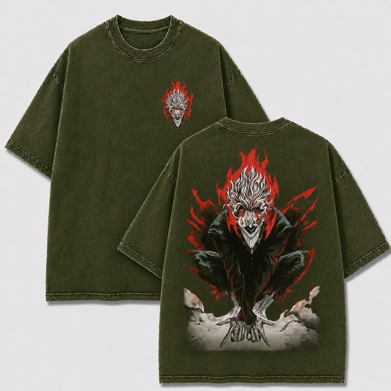 Oversized Streetwear Graphic Tee – Crouching Flame Demon Print