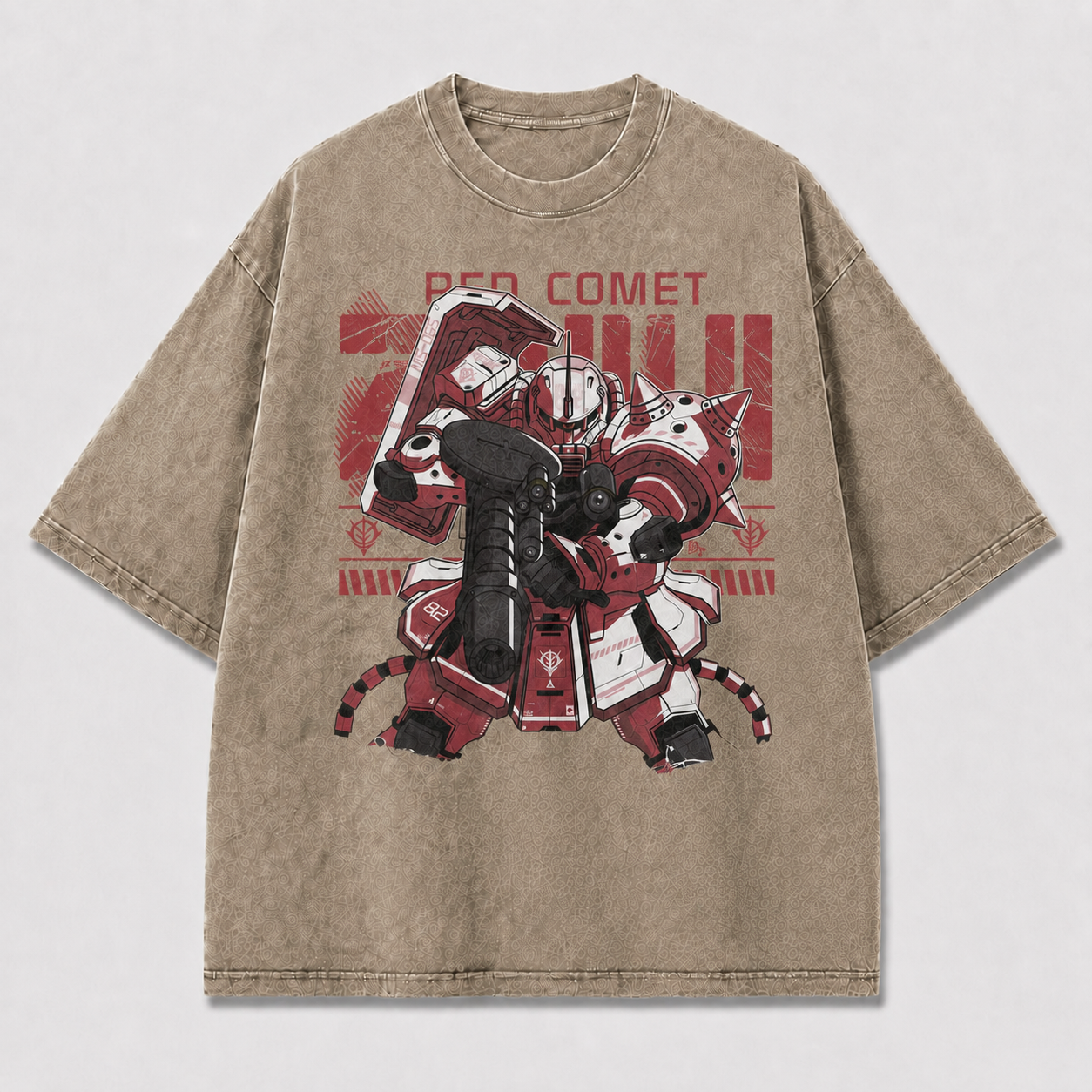 Oversized Crimson Mecha Graphic Tee – Military Poster Print Top