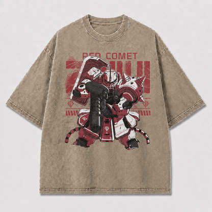 Oversized Crimson Mecha Graphic Tee – Military Poster Print Top
