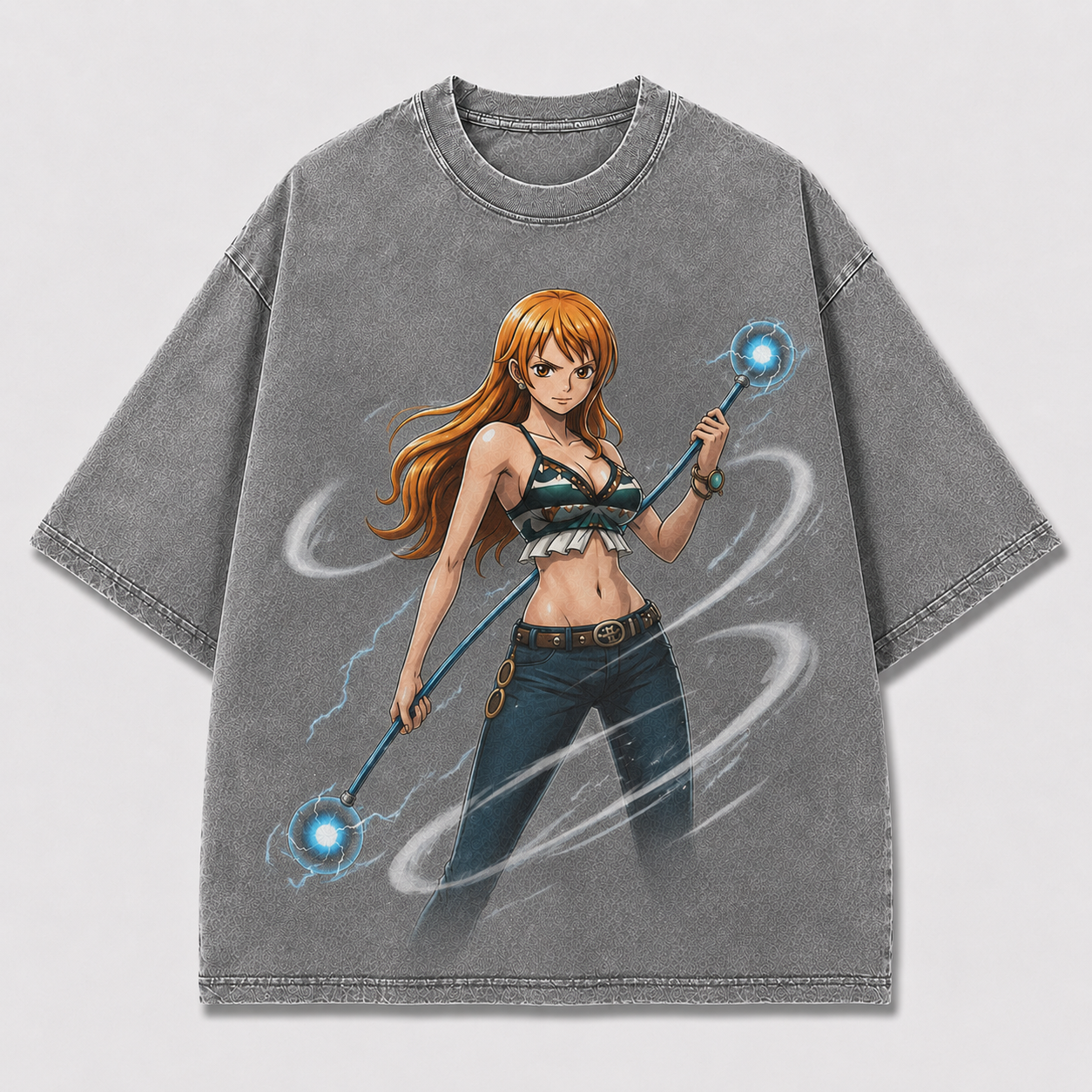Oversized Streetwear Graphic Tee – Twin Orb Staff Weapon Print