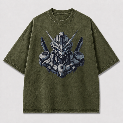 Oversized Unicorn Mecha Graphic Tee – Detailed Headshot Print Top