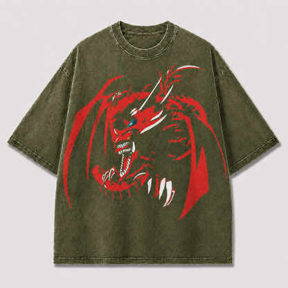 Oversized Red Dragon Graphic Tee – Bold Bat-Wing Print Top