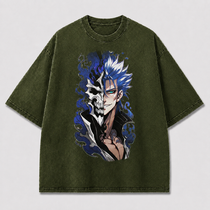 Oversized Streetwear Graphic Tee – Blue Flame Split Skull Print