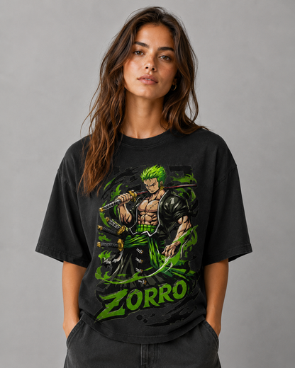 Oversized Graphic Print T-Shirt – Green-Haired Swordsman Streetwear Tee