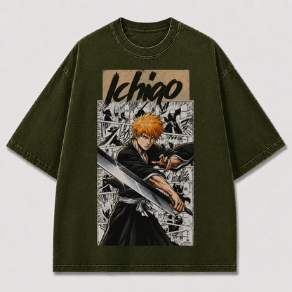 Oversized Streetwear Graphic Tee – Manga Panel Big Sword Print