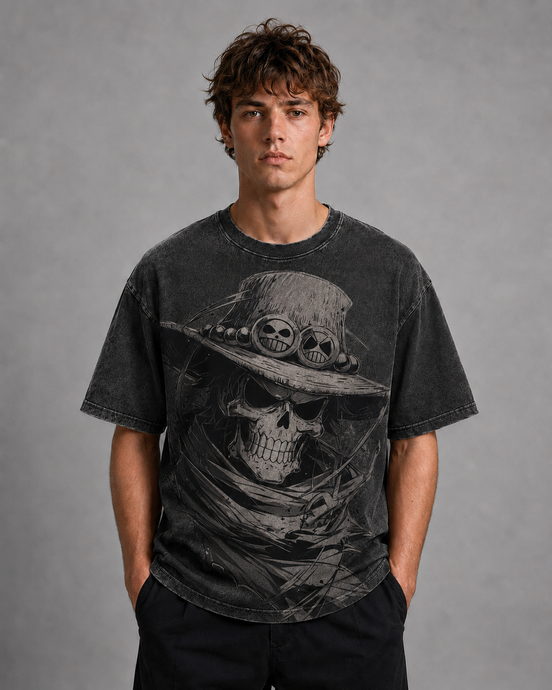 Oversized Streetwear Graphic Tee – Skull Hat Front Print