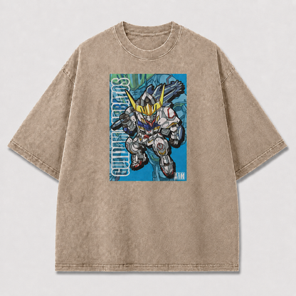Oversized Blue Poster Mecha Graphic Tee – Dynamic Print Top