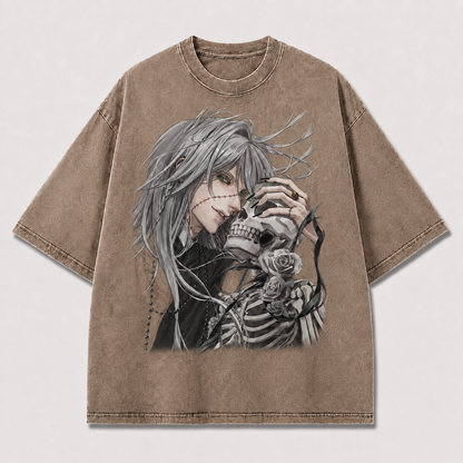 Oversized Gothic Skull Portrait Graphic Tee – Rose Print Top