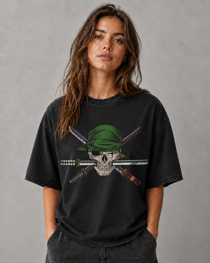 Oversized Graphic Print T-Shirt – Skull & Crossed Blades Streetwear Tee