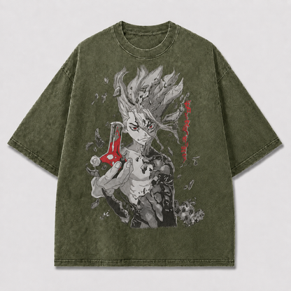 Oversized Stone Warrior Portrait Graphic Tee – Monochrome Print Top