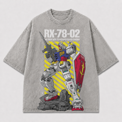 Oversized Armored Mecha Graphic Tee – Warning Stripe Print Top