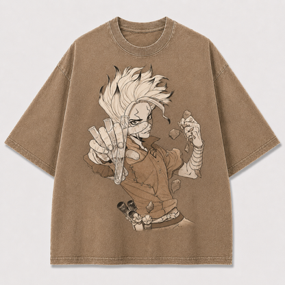 Oversized Manga Scientist Graphic Tee – Monochrome Print Top