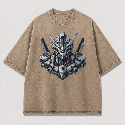 Oversized Unicorn Mecha Graphic Tee – Detailed Headshot Print Top