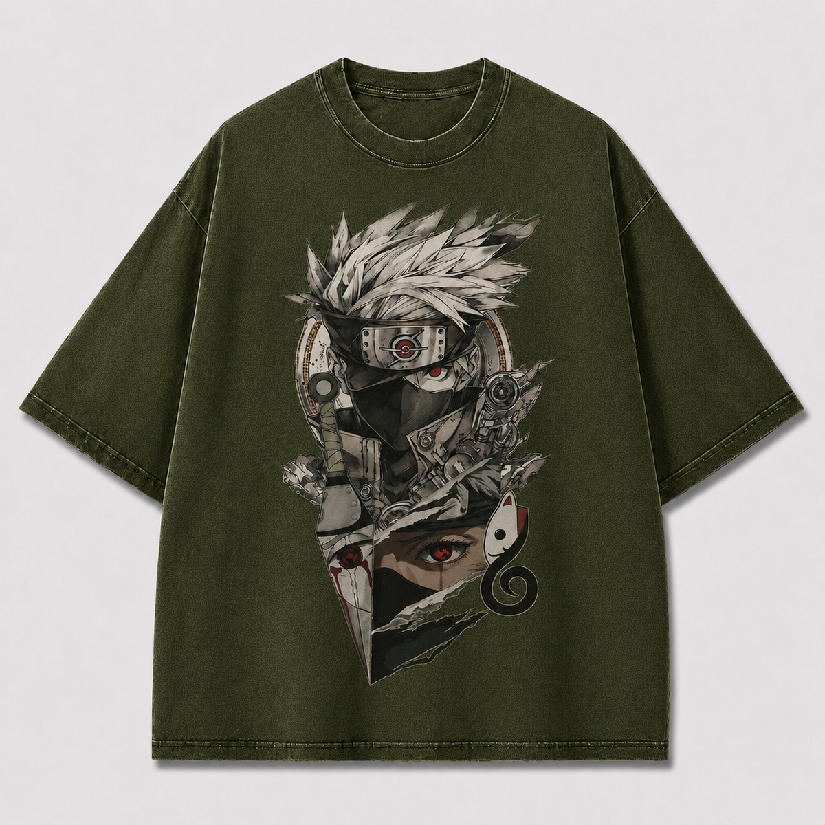 Oversized Streetwear Graphic Tee – Torn Split-Panel Masked Portrait Print