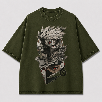 Oversized Streetwear Graphic Tee – Torn Split-Panel Masked Portrait Print