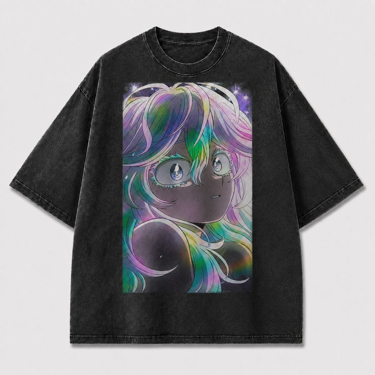 Oversized Iridescent Portrait Graphic Tee – Starlit Print Top