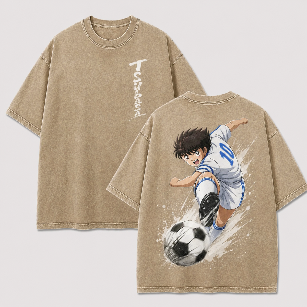 Tsubasa Ozora vintage washed anime soccer shirt in apricot beige, front and back view
