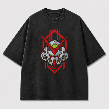 Oversized Emblem Mecha Graphic Tee – Geometric Badge Print Top