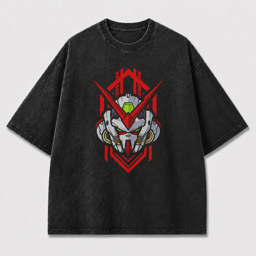 Oversized Emblem Mecha Graphic Tee – Geometric Badge Print Top