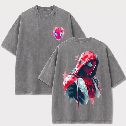 Hooded Web Hero Washed T-Shirt, Oversized Comic Graphic Tee, Vintage Front and Back Print Streetwear