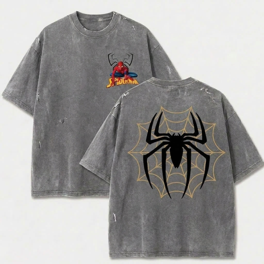 Spider Web Emblem Vintage Washed Graphic Tee – Front & Back Print