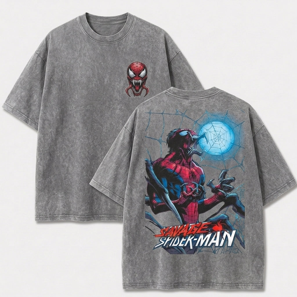 Savage Web Warrior Vintage Washed Graphic Tee – Front & Back Print