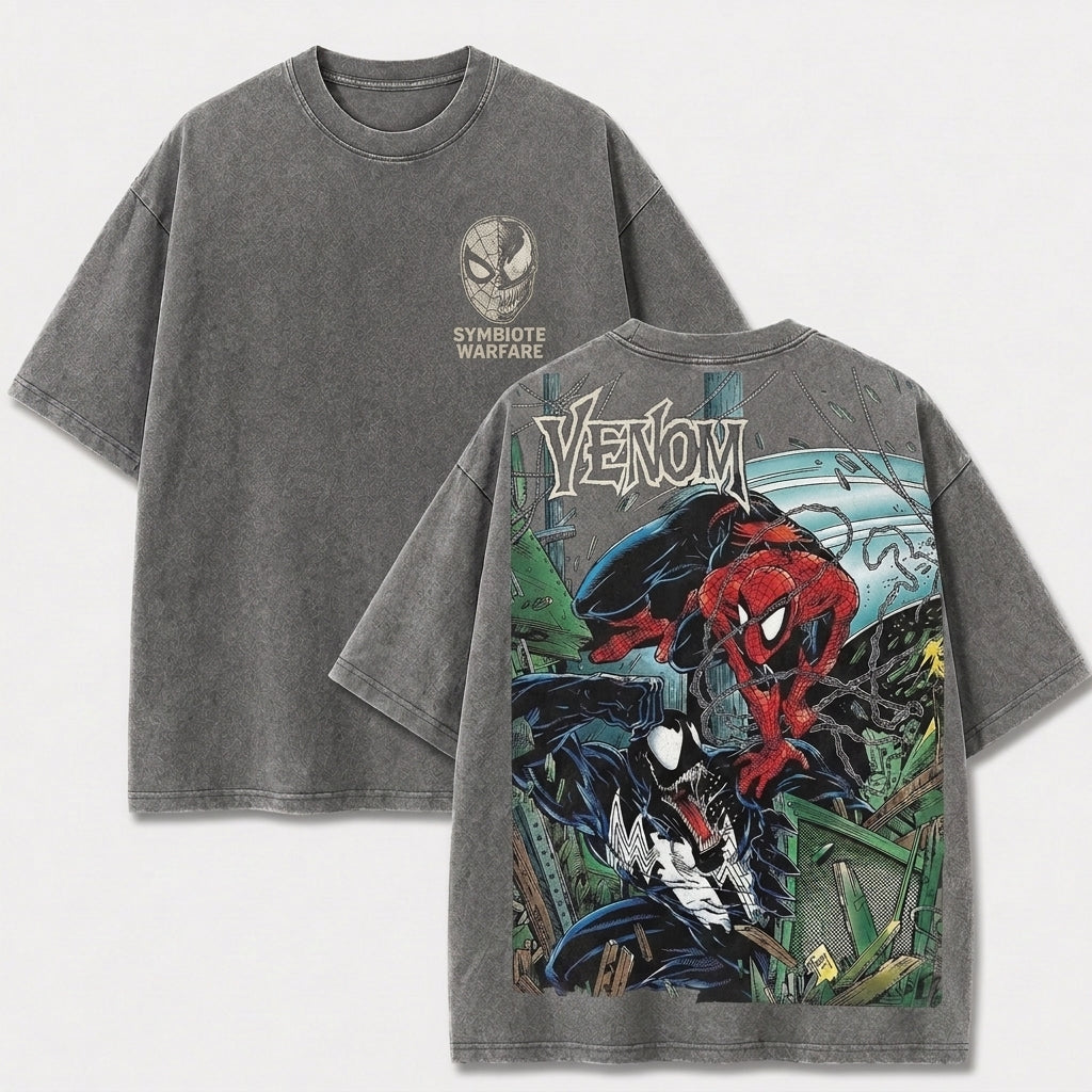 Web Hero vs Dark Alien Symbiote Battle Vintage Washed Graphic Tee, Retro Comic Streetwear Shirt