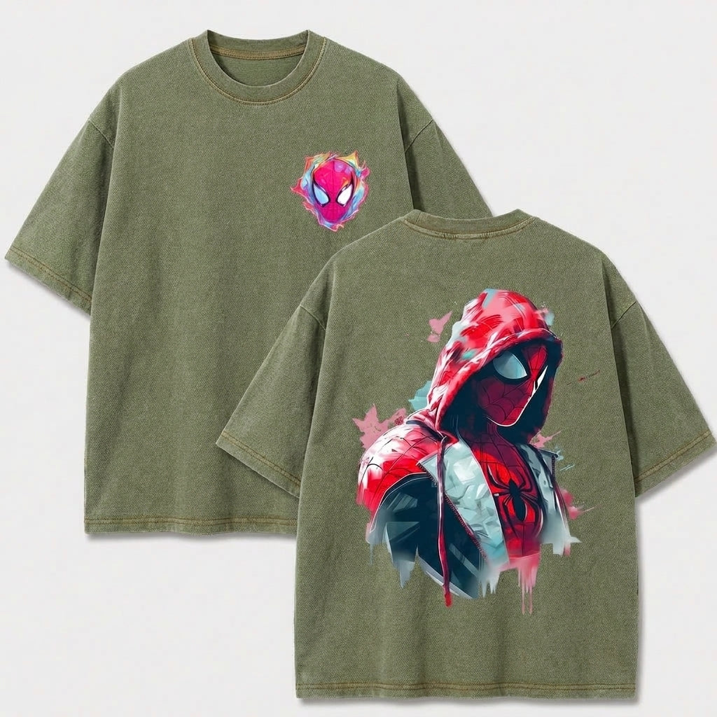 Hooded Web Hero Washed T-Shirt, Oversized Comic Graphic Tee, Vintage Front and Back Print Streetwear