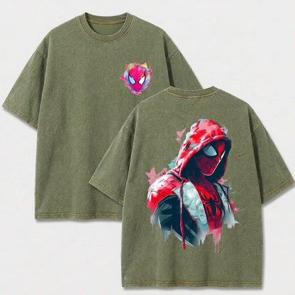 Hooded Web Hero Washed T-Shirt, Oversized Comic Graphic Tee, Vintage Front and Back Print Streetwear