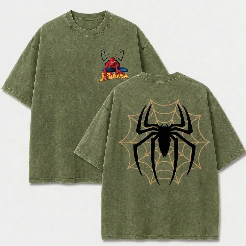 Spider Web Emblem Vintage Washed Graphic Tee – Front & Back Print