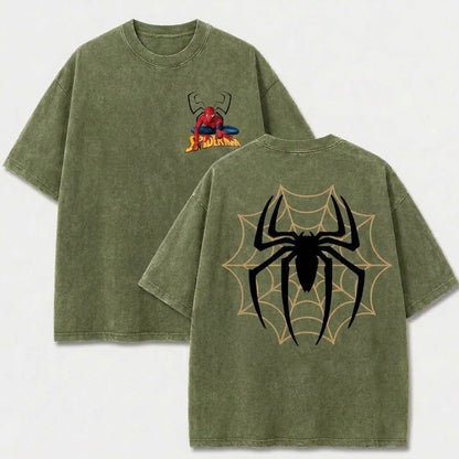 Spider Web Emblem Vintage Washed Graphic Tee – Front & Back Print