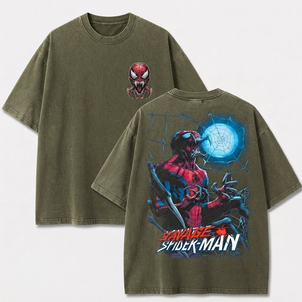 Savage Web Warrior Vintage Washed Graphic Tee – Front & Back Print