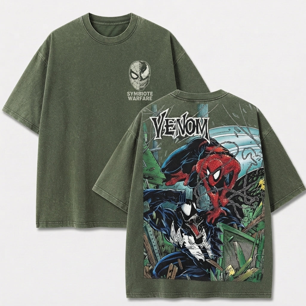 Web Hero vs Dark Alien Symbiote Battle Vintage Washed Graphic Tee, Retro Comic Streetwear Shirt