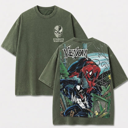Web Hero vs Dark Alien Symbiote Battle Vintage Washed Graphic Tee, Retro Comic Streetwear Shirt