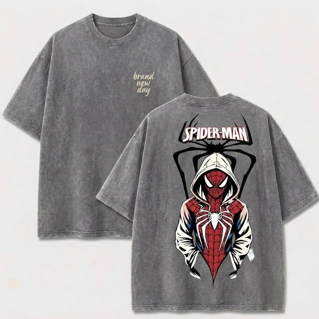 Hooded Web Hero Washed T-Shirt, Vintage Comic Graphic Tee, Oversized Front and Back Print Streetwear