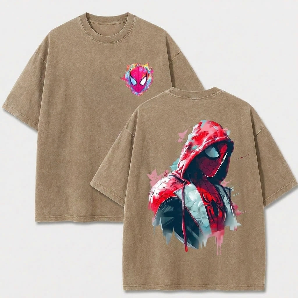 Hooded Web Hero Washed T-Shirt, Oversized Comic Graphic Tee, Vintage Front and Back Print Streetwear