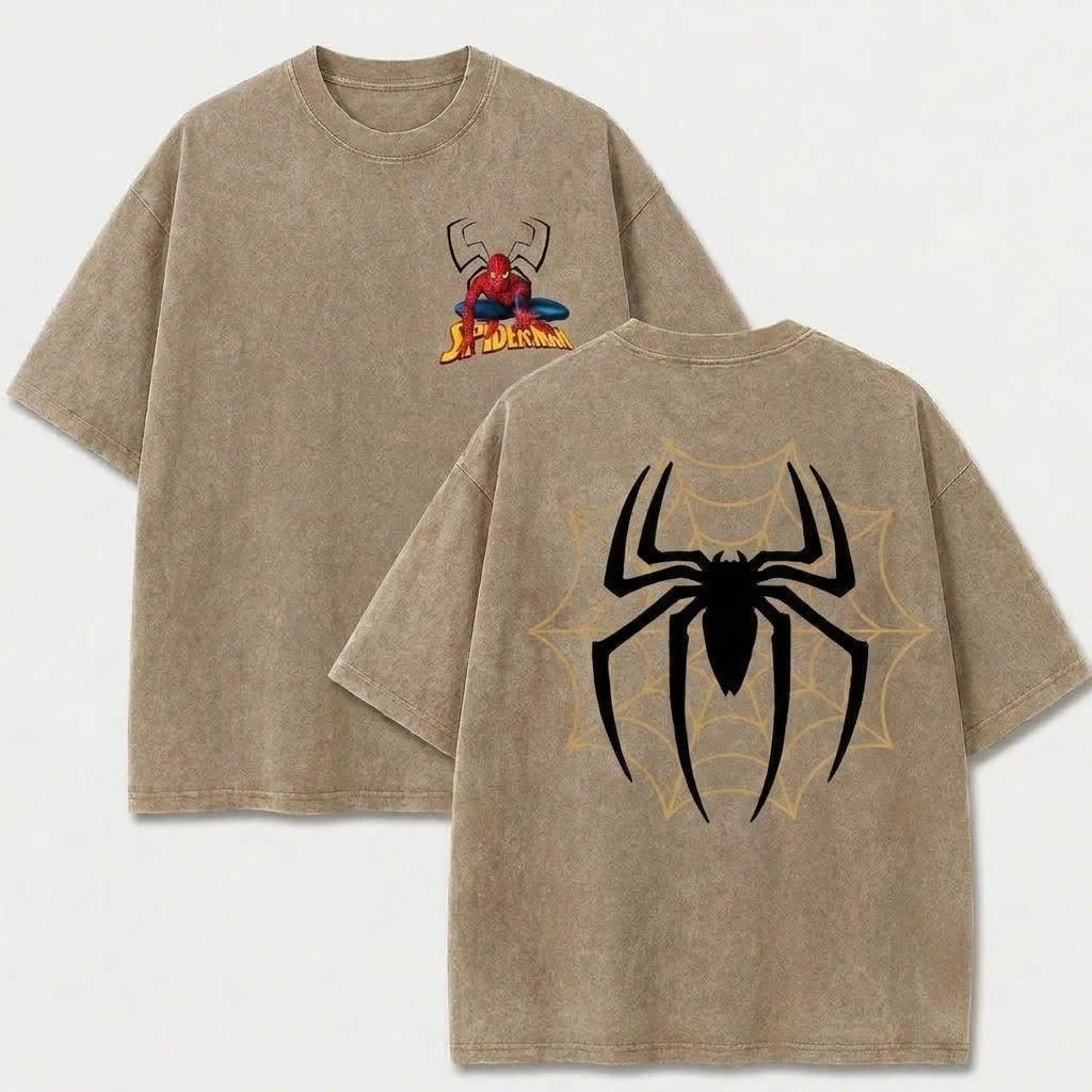 Spider Web Emblem Vintage Washed Graphic Tee – Front & Back Print