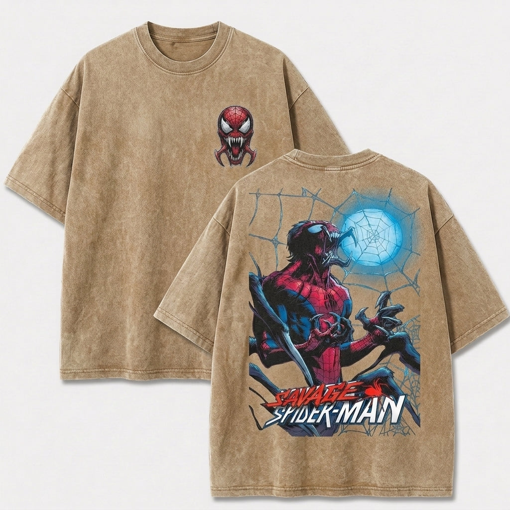 Savage Web Warrior Vintage Washed Graphic Tee – Front & Back Print