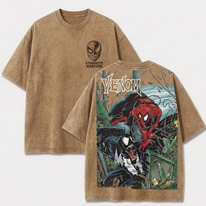 Web Hero vs Dark Alien Symbiote Battle Vintage Washed Graphic Tee, Retro Comic Streetwear Shirt