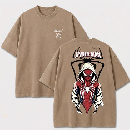 Hooded Web Hero Washed T-Shirt, Vintage Comic Graphic Tee, Oversized Front and Back Print Streetwear